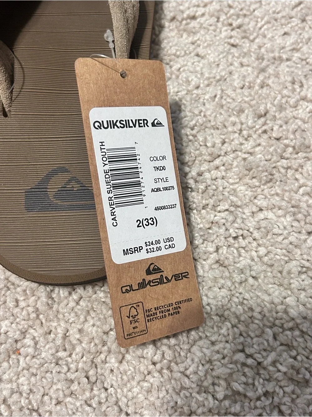 NWT Quiksilver Boy's Youth Carver Suede Leather Sandals/ Tan Size 2 (Big Boy)